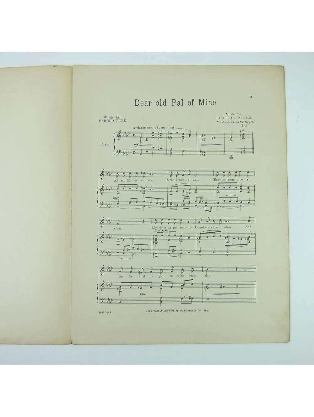 Sheet Music Dear Old Pal of Mine Gitz Rice John McCormack Robe WWI Antique 1918